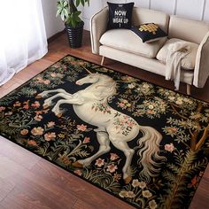 the rug is decorated with an image of a unicorn