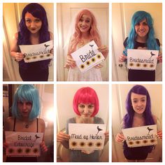 six different pictures of women with colorful hair holding up signs