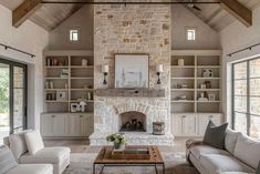 a living room filled with furniture and a fire place in the middle of a room