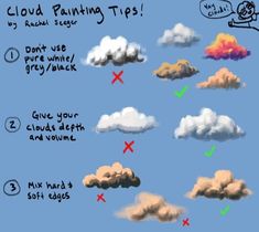 clouds are shown with different colors and shapes in the sky, including one cloud that says cloud painting tips don't use grey / black