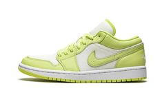 The Women’s Air Jordan 1 Low SE “Limelight” features an interesting mixture of colors and textures on the low-top version of Michael Jordan’s first signature shoe.  The “Limelight” is complete with lime green leather detailing on the forefoot, eyelets, collar, heel, and Swoosh.  A white perforated mesh material constitutes as the base of the shoe.  Branding appears in the form of an embroidered “Wings” logo on the heel and a Limelight Jumpman on the white mesh tongue.  A tonal “23” insignia is e Womens Air Jordan 1, Jordan Retro 1 Low, Womens Air Jordan, Jordan Model, Nike Air Jordan 1 Low, Jordan Retro 1, Womens Air Jordans, Nike Air Jordan 1, Air Jordan 1 Low