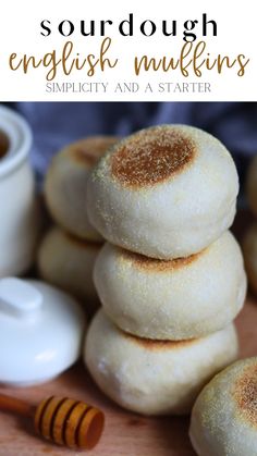 english muffins stacked up on top of each other with honey in the middle