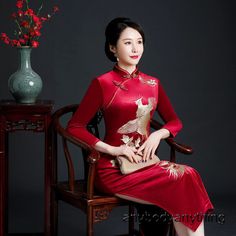 #ad Find ideas�and inspiration for Women Cheongsam Dress Mom Banquet Dress Elegant Qipao Gown Party Cheongsam Dress, Party Clothing Traditional Long Sleeve Dress For Tea Ceremony, Long Dresses For Tea Ceremony, Traditional Red Dresses For Tea Ceremony, Traditional Fitted Dress With Stand Collar, Fitted Dress With Stand Collar For Festive Events, Traditional Formal Dress With Stand Collar, Elegant Fitted Dress For New Year, Fitted Cheongsam For Festivals, Formal Festive Dress With Stand Collar