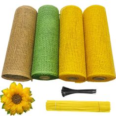 PRICES MAY VARY. 4 rolls of poly burlap mesh to make sunflower wreath. Sugguest to use a 10 inch wire wreath(not included) to make a large sunflower poly burlap wreath. Each roll measures apprx. 5 yard long * 10 inch wide. Yellow poly burlap roll * 2 + green poly burlap roll * 1 + poly burlap roll * 1 Made of polypropylene. Feels like natural burlap, not plastic. But it will last in rain or sunlight. A detailed instructions included. Even beginners can make a beautiful sunflower wreath. The comp Diy Front Door, How To Make Sunflower, Burlap Rolls, Chef Knife Bags, Sunflower Colors, Yellow Theme, Sunflower Wreath, Wire Wreath, Wreath Decoration