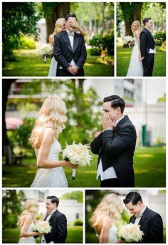 the bride and groom are posing for pictures