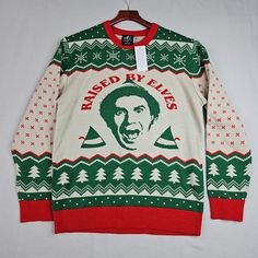 an ugly sweater with the words raised by reves on it and a man's face