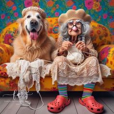 an old woman and her dog are sitting on a couch with crochet work