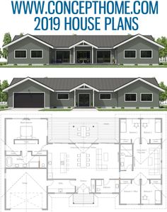 two story house plans with garage and living room in the front, second and third floors