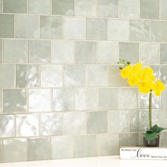 a vase with yellow flowers in it on a counter next to a tile backsplash