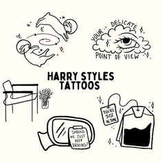 harry styles tattoos on a white background with black and white lettering, including an image of a