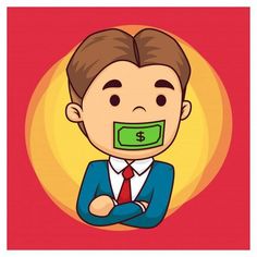 a man with money taped to his mouth in front of a red and yellow background