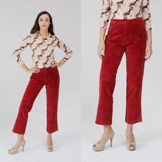 This is a pair of lightweight and buttery soft red zipper fly pants, bootcut with minimal stitching. Made by La Redoute, sz. 6. Fits true to size. Snap button/zipper fly. Washable suede- cold wash. Measures:Waist: 29"Hips: 38"Inseam: 29"Length: 38"Condition: excellent. FOLLOW US ON INSTAGRAM FOR DEALS AND SNEAK PEEKS! @Wildthingvintageinstagram.com/wildthingvintageTwitter: @WildthingpeckMessage me any time for further details or questions. Please note there is a 10% restocking fee on orders canc Red Straight Leg Pants For Fall, Pants Bootcut, Military Pants, Suede Pants, Womens Trousers, Soft Red, Vintage Hippie, 60s Dress, 70s Dress