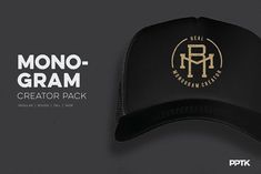 a black and gold hat with the word monogramm on it next to an image of