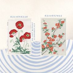 two stamps with red flowers on them, one has green leaves and the other has blue stripes