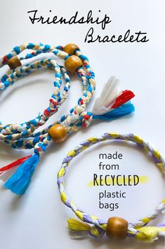 three bracelets made from recycled plastic bags with the words, make from recycled plastic bags