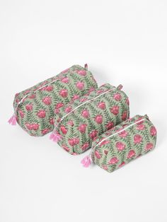 Travel Makeup Bag, Green & Pink Toiletry Bag | Saffron Marigold Pink Makeup Bag, Block Printed Fabric, Floral Tablecloth, Toiletry Kit, Pink Tulips, Block Printing Fabric, Makeup Bags, Makeup Bags Travel, Toiletry Storage