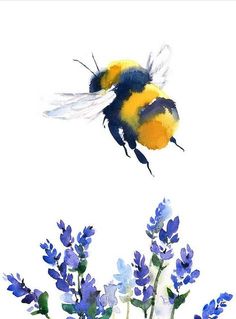 a painting of a bum flying over lavender flowers