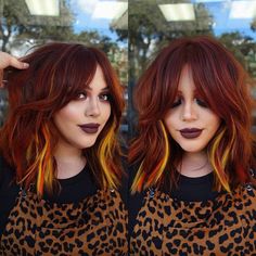 Colored Extensions, Bottleneck Bangs, Fall Haircut, Alt Hair, Peekaboo Hair, Creative Hair, Dye Ideas, Lighter Skin