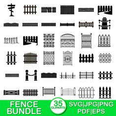 fence and gate silhouettes with green border, set of 35 different fences for various types of fences