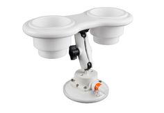 two white cup holders are attached to the side of a wall mounted camera holder with an orange and black handle