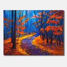 an oil painting of a path in the woods with fall leaves and trees on either side