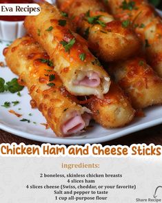 chicken ham and cheese sticks on a white plate