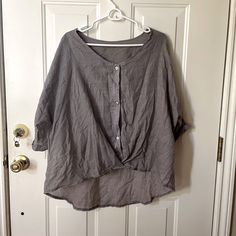 Grey Linen Shirt Was Satin Like Lining Front Has Fold Cross Over Loose Fitting No Label Or Size Bought As Xl Never Worn Shirts Women, Gray Linen, Cotton Tops, Linen Shirt, Loose Fitting, Womens Shirts, Womens Tops, Satin, Grey