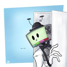 a drawing of a person with a tv on their head