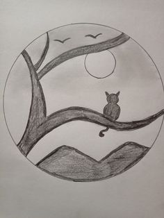 a drawing of a bird sitting on top of a tree branch in front of the moon