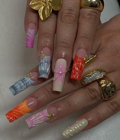 GEL X SPECIALIST | BELL GARDENS CA | 🐚🪸🌊 Inspo @krylixbyvivi                                   #nailart #nailinspo #goldchromenails #longnails              #rednails… | Instagram Gold Chrome Nails, Bell Gardens, Girly Acrylic Nails, Pearl Nails, Nails Only, Bling Acrylic Nails, Gem Nails, Nails 2024