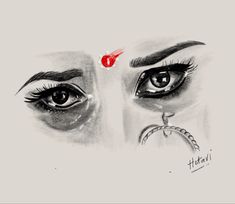 an artistic drawing of a woman's eyes and nose with a ring on it