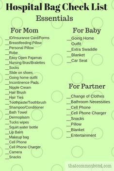 the hospital bag check list for moms and babys is shown in this green poster