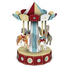 a merry go round ride with horses and giraffes on the top, isolated against a white background