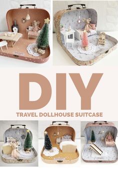 Miniature suitcases filled with modern dollhouse furniture Doll House Suitcase, Suitcase Dolls House, Diy Suitcase Dollhouse, Maileg Suitcase, Suitcase Dolls House Diy, Suitcase Doll House, Dollhouse Suitcase Diy, Travel Dollhouse Diy, Dollhouse Suitcase