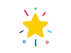 a yellow star surrounded by confetti and other colored shapes on a white background