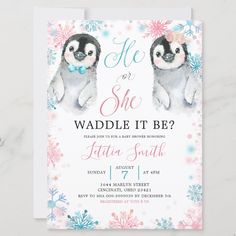 the penguin is wearing a bow tie and it's birthday card with snowflakes