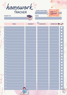 Free homework tracker Student List Template, College Planner Template, Daily Planner Printables Free Student, Study List Planner, Planner Ideas For Students, School Planner Ideas Student, To Do List Template Student, Study Tracker Free Printable, College Student Planner Printable Free