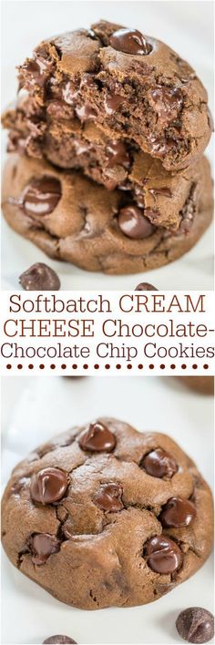 chocolate chip cookies are stacked on top of each other with the words softbath cream cheesecake chocolate chip cookies