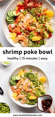 shrimp poke bowl with vegetables and rice in it on a white table next to other dishes