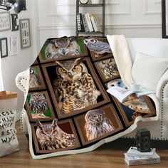 an owl themed blanket is shown on a couch