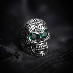 .925 Sterling Silver Genuine Emerald Stones (1.40 cts each stone) Height: 1" 1/2'' Width: 1'' Depth: 1/4'' Handmade In USA Symbolic White Gold Skull Ring For Anniversary, Skull Ring Stamped 925 For Anniversary, 925 Stamped Skull Ring For Anniversary, Sterling Silver Skull Ring For Anniversary, Skull Ring With Polished Finish For Anniversary, Symbolic Hallmarked Skull Ring For Anniversary, Anniversary Skull Ring In White Gold And Sterling Silver, Classic Polished Skull Ring For Anniversary, Classic Sterling Silver Skull Ring For Anniversary