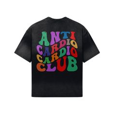 "For the Treadmill Avoiders: Ready for the \"Anti Cardio Cardio Club\"? This oversized t-shirt is for all those who flee from cardio at the gym! You're not alone in this feeling - many of us have a healthy aversion to it 😉. But hey, you don't have to go through it! Why not do cardio outdoors? ️️️ Or how about other partner activities? 💃🕺 Join our club and playfully show that there are countless ways to stay active. You have the freedom to shape your cardio adventure outside the gym! This cotton t-shirt is the ultimate combination of style and comfort. The boxy fit is flattering on all body types and offers a relaxed, laid-back look that's perfect for any occasion. What really sets this tee apart is the one-of-a-kind tie-dye pattern that features a subtle, vertical tonal gradient, giving Oversized Black T-shirt For Workout, Oversized Letter Print Activewear For Workout, Oversized Graphic Gym T-shirt, Oversized Graphic Print T-shirt For Gym, Oversized Letter Print T-shirt For Gym, Oversized Graphic Print Top For Gym, Graphic Tee Activewear With Letter Print For Streetwear, Oversized Letter Print T-shirt For Workout, Cardio At The Gym