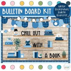 the bulletin board kit for children's bookshelves is shown in blue and white