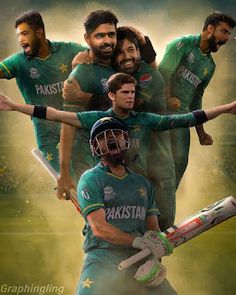 the pakistan cricket team is posing for a photo in their green uniforms and holding on to each other's shoulders