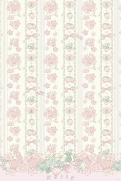 a pink and white striped wallpaper with flowers