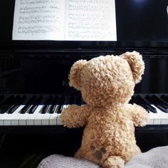 a teddy bear sitting in front of a piano