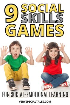 two young children sitting on the floor with their hands up in front of them and text that reads 9 social skills games for kids