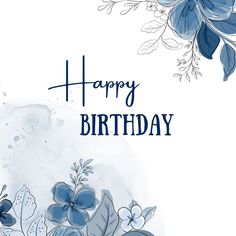 a birthday card with blue flowers and leaves on the front, in watercolor style