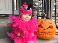 "Flamingo Costume Hat - Baby Flamingo Hat - Halloween Feathered Costume - Baby Halloween Costume Flamingo Hat - by JoJo's Bootique This cute little Flamingo Hat is the perfect finishing touch for that Halloween Costume or school play. Made of super soft yarn - this cute little bird sports and 3D beak. Pair it up with our \"spats\" or crocheted webbed feet - these slip over your little one's ankles and sit on top of their shoes to give the appearance of \"webbed feet\". Purchase for a Halloween c Baby Chicken Costume, Flamingo Halloween Costume, Feather Romper, Flamingo Hat, Flamingo Outfit, Baby Flamingo, Baby Halloween Costume, Flamingo Costume, First Halloween Costumes