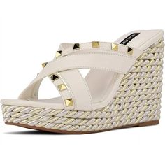 White Rope Bottom Wedge Slip Ons With Gold Studs. Nwot. Chic Beige Synthetic Wedge Sandals, Cream Synthetic Platform Wedge Sandals, Trendy White Wedge Sandals, Chic Cream Synthetic Wedge Sandals, Size 12 Heels, Strappy Leather Sandals, Colored Sandals, Fringe Sandals, White Rope